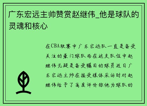 广东宏远主帅赞赏赵继伟_他是球队的灵魂和核心