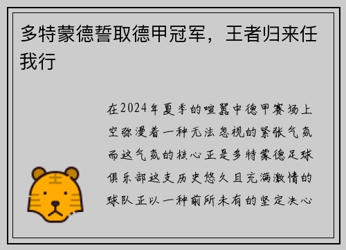 多特蒙德誓取德甲冠军，王者归来任我行
