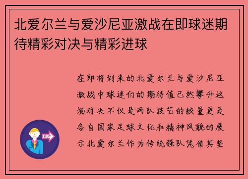 北爱尔兰与爱沙尼亚激战在即球迷期待精彩对决与精彩进球