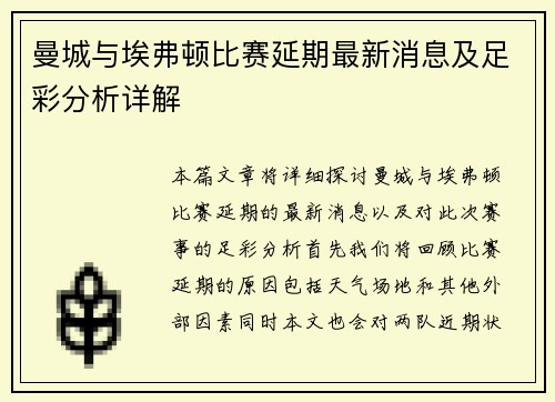 曼城与埃弗顿比赛延期最新消息及足彩分析详解