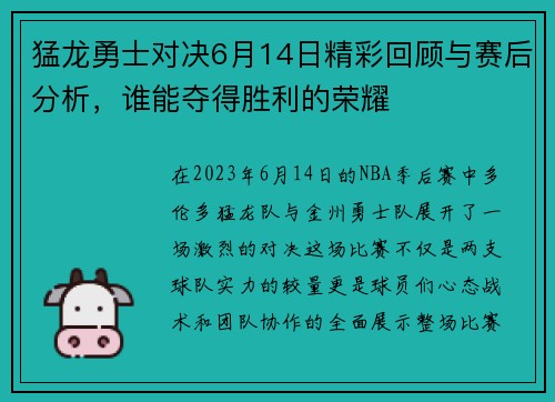 猛龙勇士对决6月14日精彩回顾与赛后分析，谁能夺得胜利的荣耀