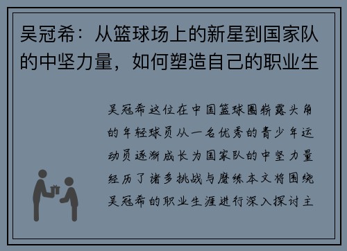 吴冠希：从篮球场上的新星到国家队的中坚力量，如何塑造自己的职业生涯