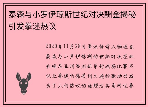 泰森与小罗伊琼斯世纪对决酬金揭秘引发拳迷热议