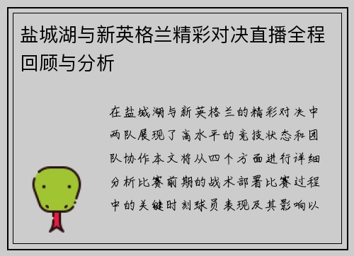 盐城湖与新英格兰精彩对决直播全程回顾与分析