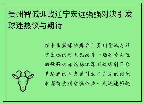 贵州智诚迎战辽宁宏远强强对决引发球迷热议与期待