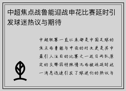 中超焦点战鲁能迎战申花比赛延时引发球迷热议与期待