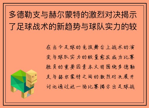 多德勒支与赫尔蒙特的激烈对决揭示了足球战术的新趋势与球队实力的较量