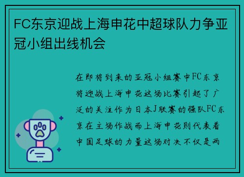 FC东京迎战上海申花中超球队力争亚冠小组出线机会