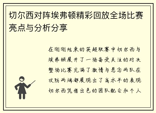 切尔西对阵埃弗顿精彩回放全场比赛亮点与分析分享