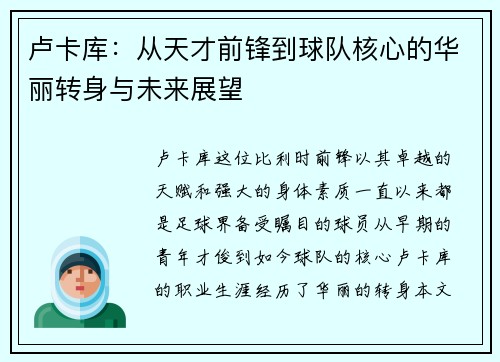 卢卡库：从天才前锋到球队核心的华丽转身与未来展望