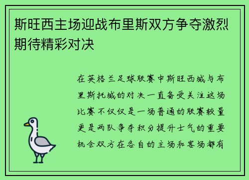 斯旺西主场迎战布里斯双方争夺激烈期待精彩对决
