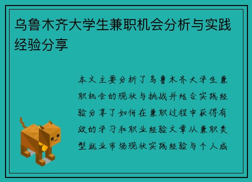乌鲁木齐大学生兼职机会分析与实践经验分享