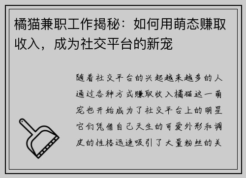 橘猫兼职工作揭秘：如何用萌态赚取收入，成为社交平台的新宠