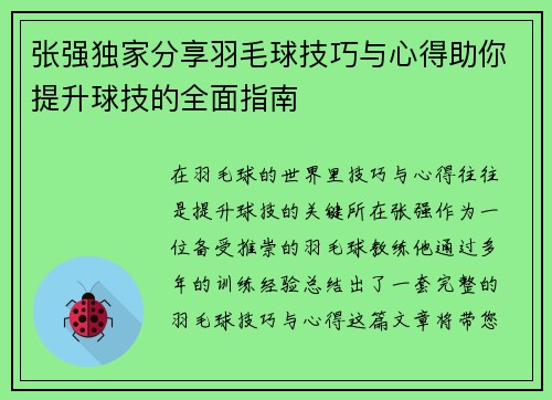 张强独家分享羽毛球技巧与心得助你提升球技的全面指南