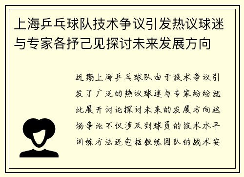 上海乒乓球队技术争议引发热议球迷与专家各抒己见探讨未来发展方向
