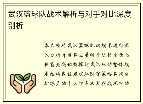 武汉篮球队战术解析与对手对比深度剖析