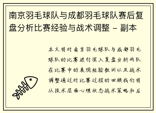 南京羽毛球队与成都羽毛球队赛后复盘分析比赛经验与战术调整 - 副本